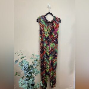 Muse Colorful Chevron Jumpsuit Wrap Front Sleeveless Tapered Leg Boho Vacation 8